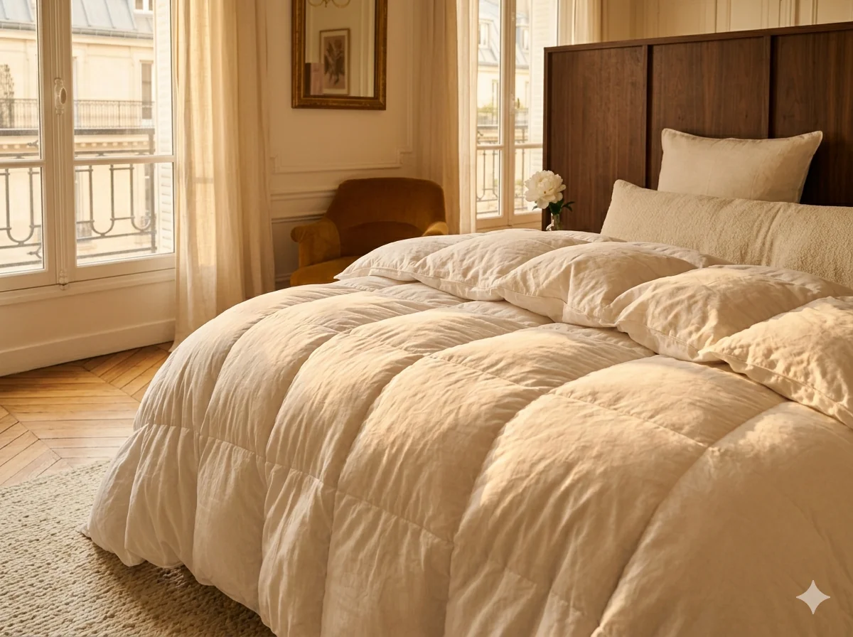 Couette Duvéa en duvet d'oie naturel posée sur un lit dans une chambre haussmannienne parisienne, vue sur les toits de Paris à l'heure dorée