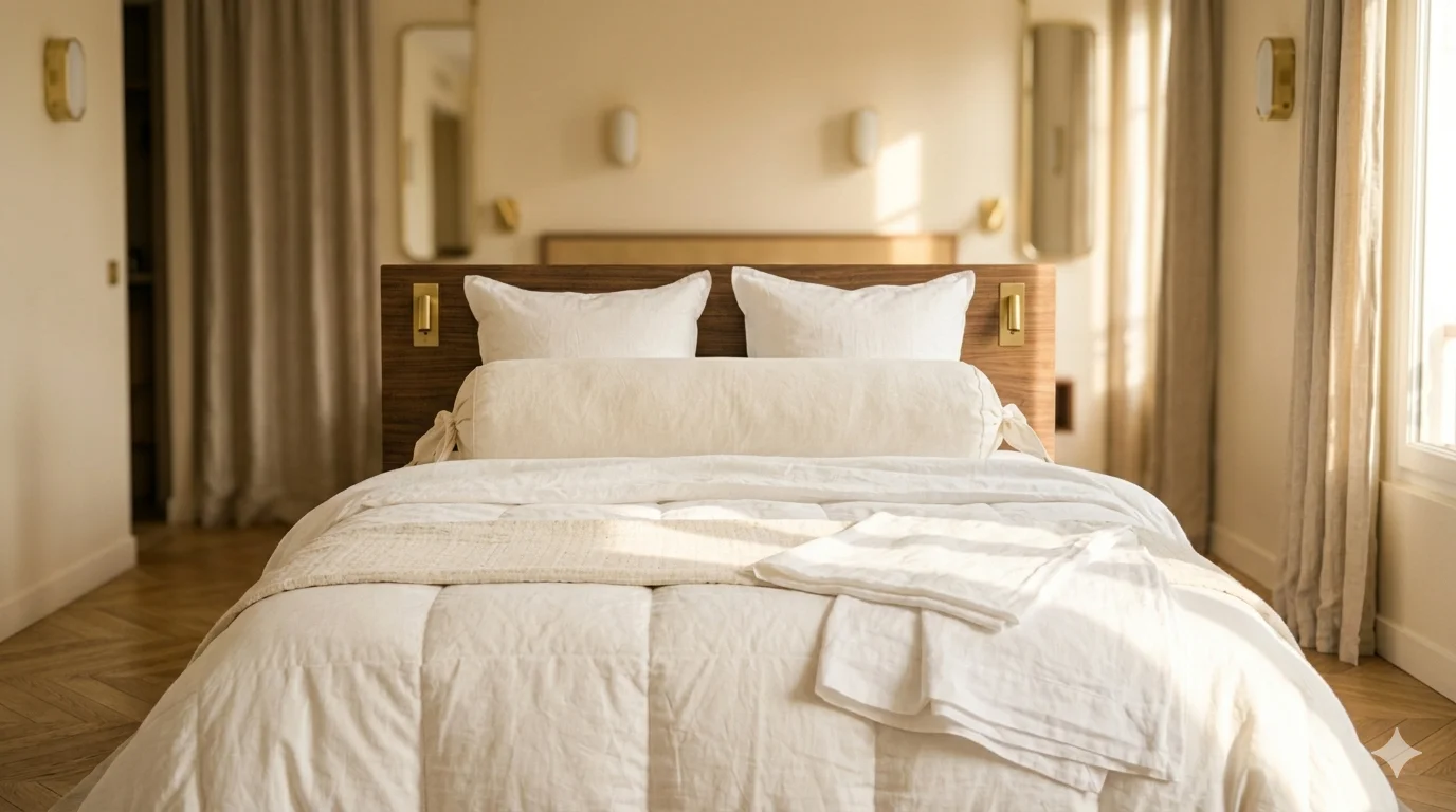 Lit habillé d'une couette Duvéa en duvet d'oie naturel, suite hôtel boutique