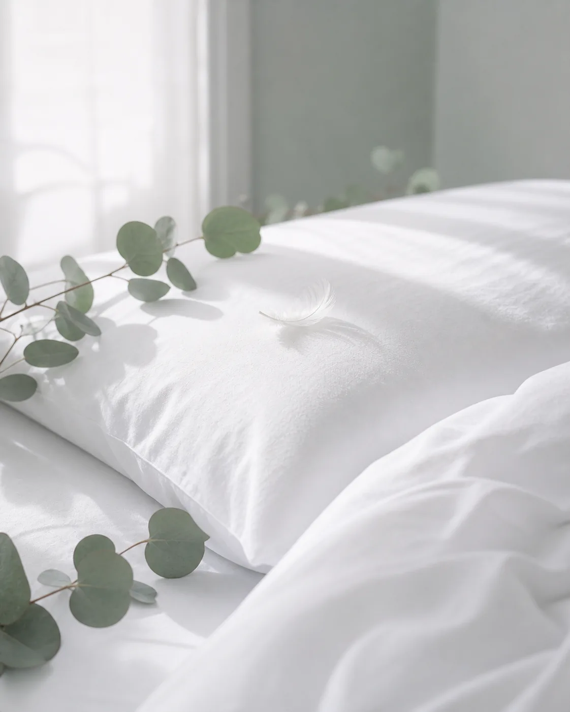 Literie blanche en duvet naturel hypoallergénique avec branches d'eucalyptus, lumière douce du matin